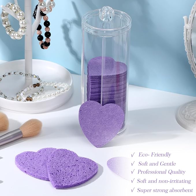 Sieral 120 Pcs Compressed Facial Sponges with Container Disposable Face Sponge Pads for Washing Face Cleansing Exfoliating Esthetician Makeup Removal(Heart,Purple)