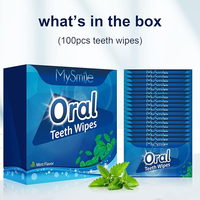 MySmile 100pcs Teeth Wipes Disposal Finger Brush Deep Cleaning Teeth Wipes Oral Brush Up Tooth Wipes for Teeth Cleaning, Mint Flavor