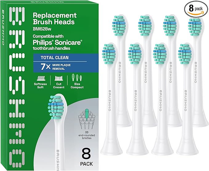 Brushmo Total Clean Replacement Toothbrush Heads, Compatible with Philips Sonicare Click-on Electric Toothbrush Handles, 8 Compact Heads for Hard-to-Reach Areas, Soft Dupont Bristles, BM628, White