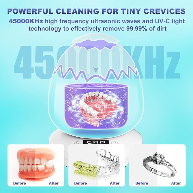 Ultrasonic Retainer Cleaner, 45kHz Denture Cleaner Machine, 4 Cleaning Modes, Removable Base, Dental Cleaning Pod for Mouth Guard/Night Guard/Braces/Aligner/Jewelry