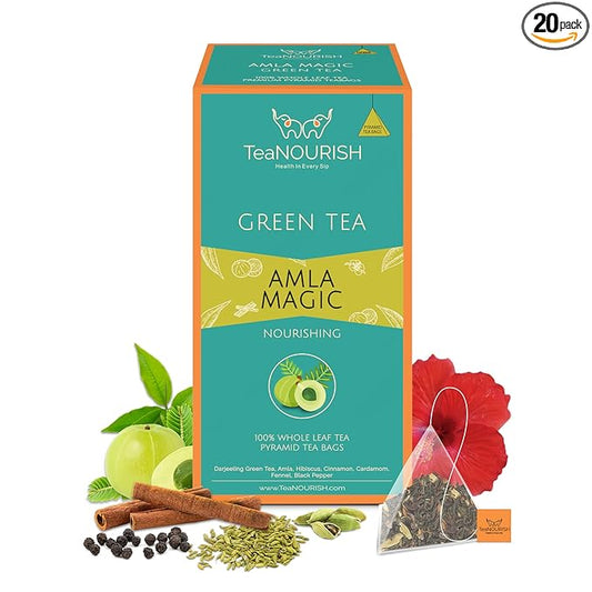TeaNOURISH Amla Magic Green Tea | 20 Count Pyramid Tea Bags | Whole Leaf Tea | Blended with Amla, Hibiscus, Fennel, Cardamom & Cinnamon | 100% NATURAL INFUSION