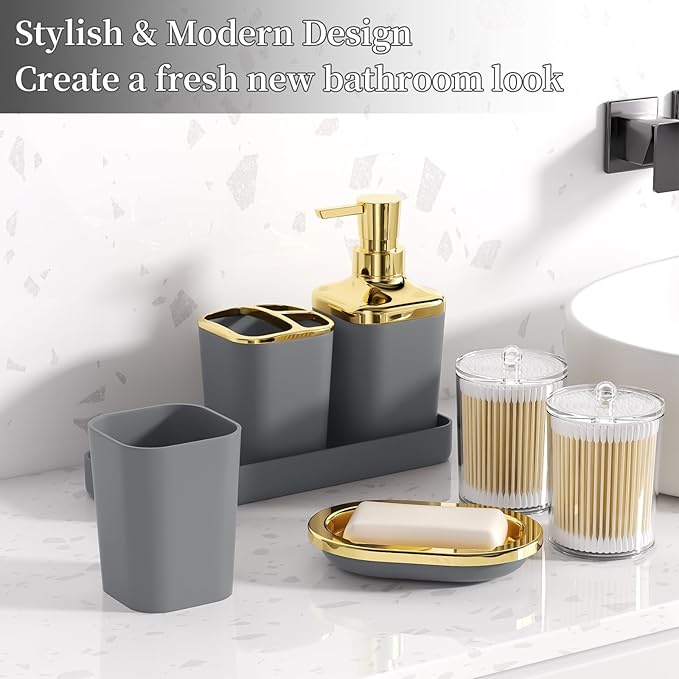 Bathroom Set - Grey and Gold Bathroom Accessories Set, Bathroom Sets with Shower Curtain and Rugs, Grey Shower Curtain Set with Bathroom Trash Can, Soap Dispenser, Soap Dish for Home Decor