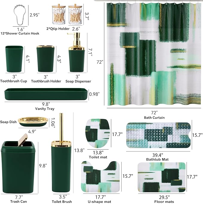 Bathroom Accessories Set - 26PCS Dark Green Bathroom Set, Bathroom Accessory Set with Shower Curtain and Rugs and Bathtub Mats for Home