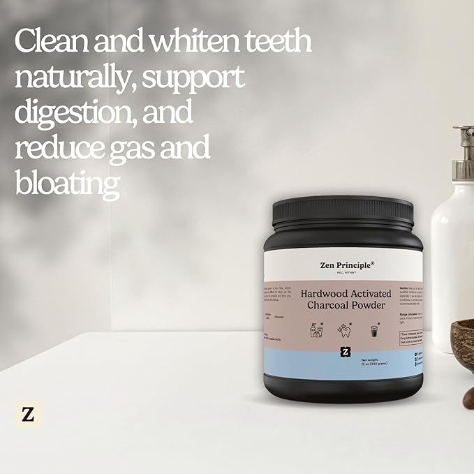 Zen Principle Activated Charcoal Powder only from USA Hardwood Trees. All Natural. Whitens Teeth, Rejuvenates Skin and Hair, Supports Better Digestion. Free Scoop Included. 12 oz.