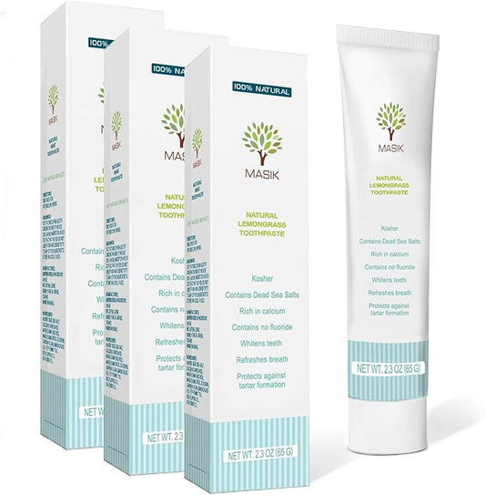 Masik Lemon Grass Natural Toothpaste is formulated for Sensitive Teeth. SLS-Free and Non-Fluoride with Dead Sea Salt to Gently Clean and Whiten Your Smile While Refreshing Your Breath - Pack of 3