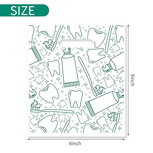 300 Pack Dental Bags, Tooth Patient Care Dental Bags, 9 x 8 Inches dental goodie bags, for Dental Clinics, Schools and Patient use (Dental Care Icons – Green)