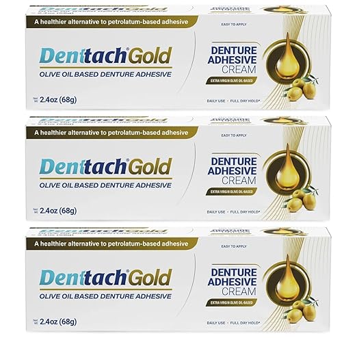 Denttach Gold Denture Adhesive, Petroleum Free Olive Oil Based Premium Denture Adhesive Cream for Full and Partial Dentures, All Day Secure Hold Denture Glue, Zinc Free, 2.4 Ounce (Pack of 3)