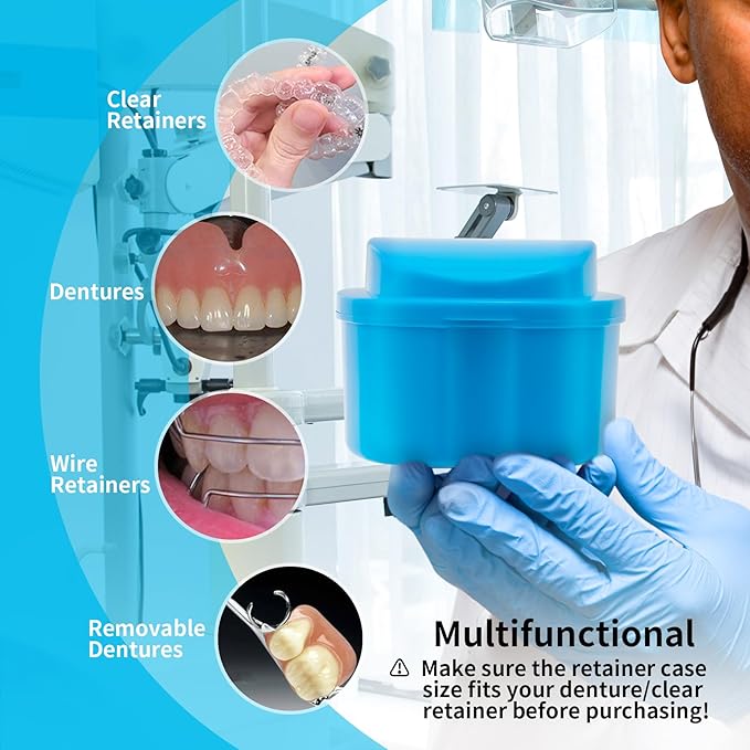 Dental Orthodontic Retainer Case Cleaning with Strainer Basket, Denture Bath Box Soaking Cup Mouthguard Storage Holder - Blue