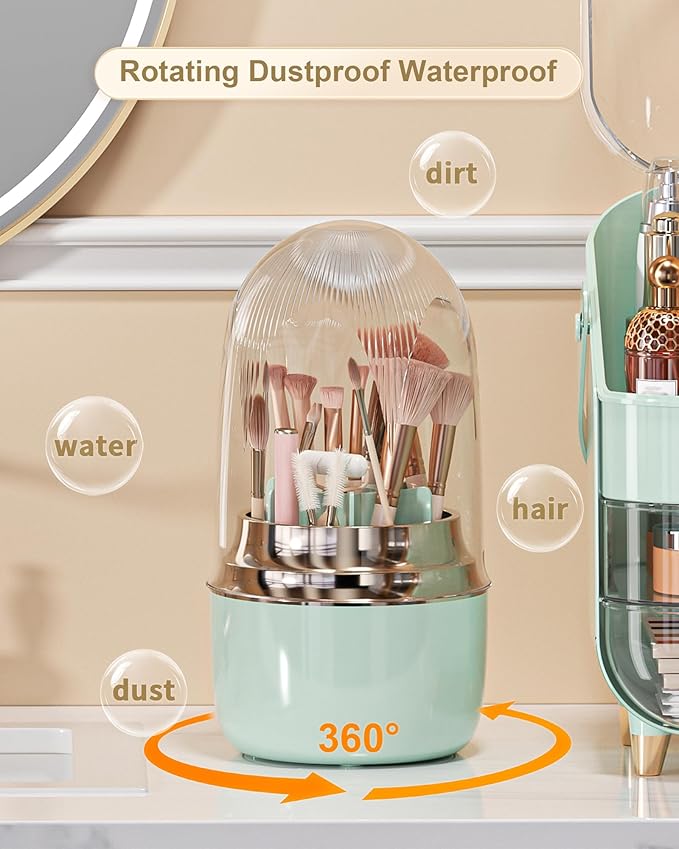 Makeup Brush Holder for Vanity - 360 Rotating Makeup Brush Organizer (Thicken Upgraded), Toothbrush Holder with Cover, Cosmetic Organizer (Green)