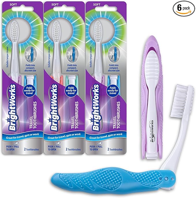 BrightWorks Folding Travel Toothbrush (6 Total, 3 Sets of 2) with Built-in Cover. Portable with Soft Bristles and Tongue Cleaner. for Camping, Hiking, Travel, Work, Gym, Purse, Backpack.
