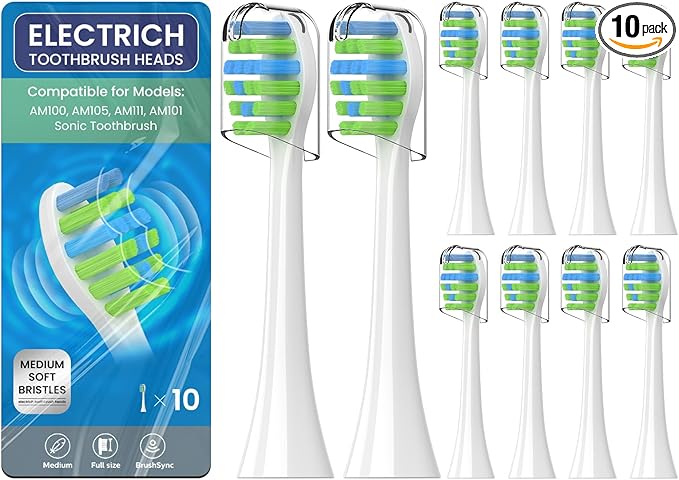 10 Pack Replacement Toothbrush Heads Compatible with 7am2m Electric Toothbrush AM100 AM105 AM111 AM101, Electric Toothbrush Heads with Dustproof Covers, White