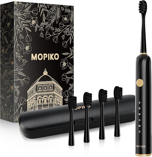 Sonic Electric Toothbrush for Adults - 6 Modes Rechargeable Electric Toothbrush with 4 Replace Brush Heads, Power Sonic Toothbrush with Travel Case, Ideal Gift for Men Women, Black