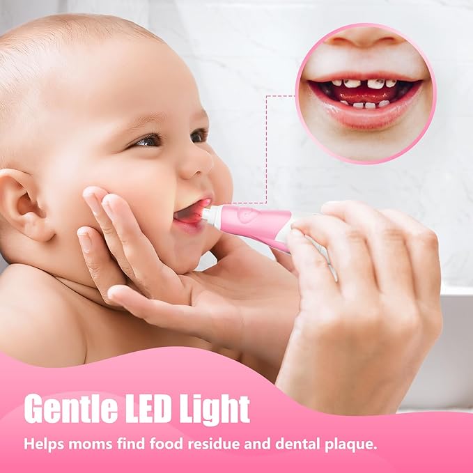 Toddler Electric Toothbrush Kids Age 1-2-3 Years Old, Infants & Baby Electric Toothbrush with Finger Tooth Brush, Cute Cover, LED Light, 2 Minutes Timer, 4 Brush Heads, Suction Cup (Pink Astronaut)