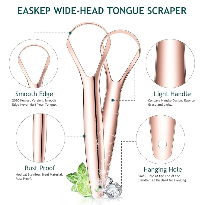 Tongue Scraper (2 Pack), Wide-Head Tongue Cleaner with Nice Carrying Box, Easkep 100% Stainless Steel Tongue Scrapers Cleaners, for Men, Women, Adults, Kids