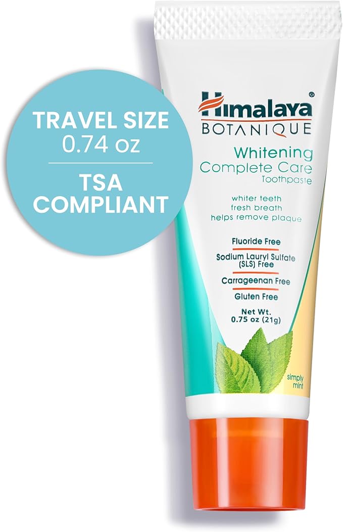 Himalaya Botanique Whitening Complete Care Toothpaste, 20 Pack Travel Size, Teeth Whitening, Fights Plaque, Fluoride Free, No Artificial Flavors, SLS Free, Simply Mint Flavor, TSA Approved, 0.74 Oz