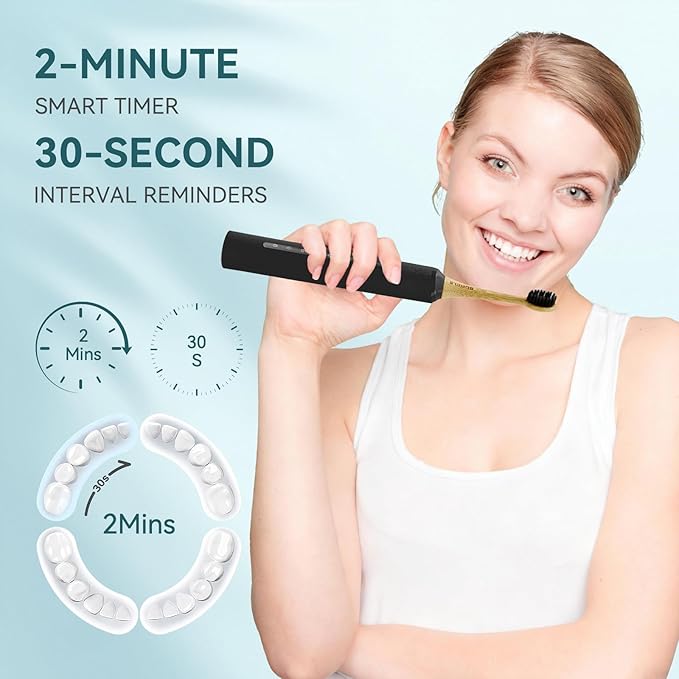 Bamboo Electric Toothbrush for Adults丨Rechargeable Electric Toothbrush with 3 Non Toxic Charcoal Infused Bamboo Brush Heads, 5 Cleaning Modes, 60 Days Battery Life, IPX7 Waterproof-Black