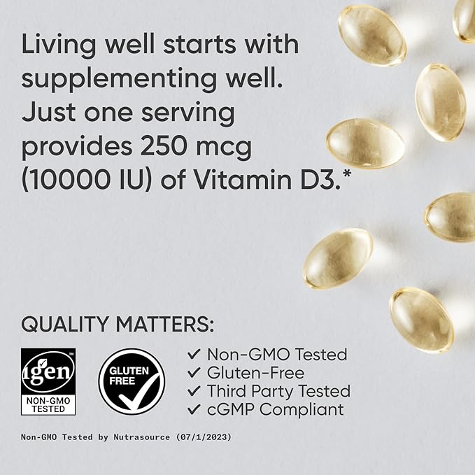Sports Research 10,000 iu Vitamin D3 Supplement with Organic Coconut Oil - Vitamin D for Strong Bones & Immune Health - Supports Calcium Absorption - Non-GMO - 250mcg, 120 Mini Softgels for Adults
