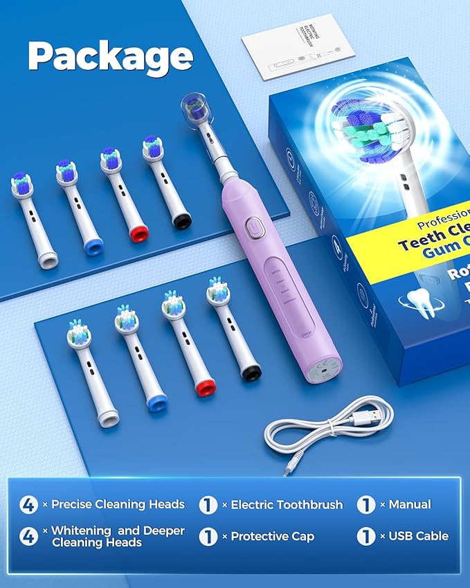 TEETHEORY Rotating Electric Toothbrush for Adults with 8 Brush Heads (2 Types), 4 Modes Deep Clean Electric Toothbrush with Rechargeable Power and 2 Min Smart Timer (6-Purple, p1)