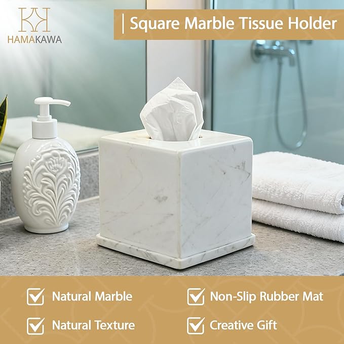 Natural Marble Tissue Box Cover, Volakas White Tissue Organizer 6 x 6 x 5.7 inch, Heavy Stone Decorative Box, Square Tissue Box Holder for Home Decor, Kitchen, Bathroom, Bedroom