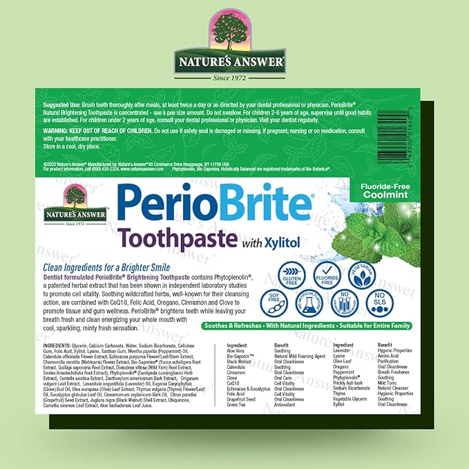 Nature's Answer PerioBrite Natural Toothpaste, Cool Mint, 4-Ounce (Pack of 2) Fluoride Free with CoQ10 & Folic Acid | Naturally Whitens Teeth | Freshens Breath | Removes Plaque | Minimizes Dry Mouth