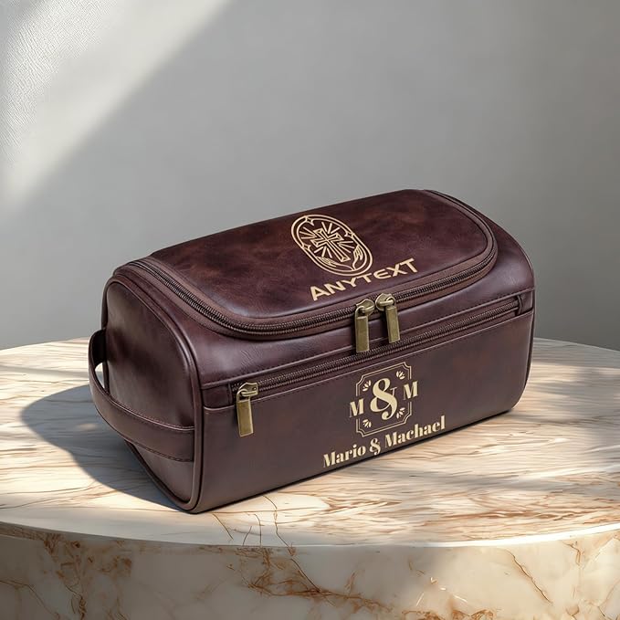 HDSD Personalized Toiletry Bag for Men,Engraved Name/Logo for Husband, Boyfriend, Dad, Wedding, Anniversary, Gift (Brown)