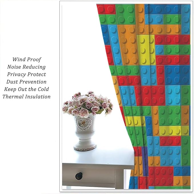 Colorful Building Block Toy Printed Curtains, Building Blocks, Curtains, Fun Brick 3D Design, Kids, Teens, Girls, Boys, Living Room, Bedroom, Window Treatment Panels, 2 Panels 55x63in