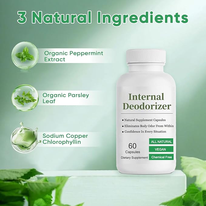 Body Deodorizing Supplement, Internal Deodorizer - Breath Freshening, Chlorophyll Capsules with Parsley & Organic Peppermint, for Skin, Bad Breath, and Gut Health, 60 Count