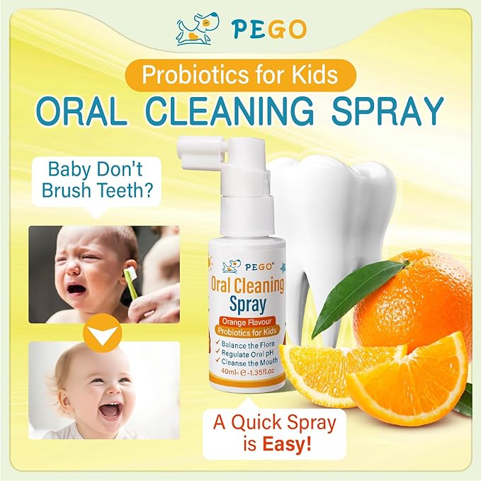 PEGO Kids Oral Spray, Toddler Toothpaste Helper for Daily Oral Care and Fresh Breath, Kid's Mouth Spray with Fluoride Free for Newborn to Preschoolers (40ml*1, Orange)