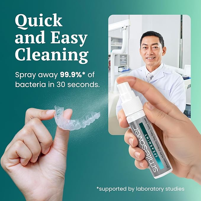 Smilesaver Retainer Cleaner - A Clean Label, Healthy Choice, 30 Sec Spray Cleaner for Retainers, Invisalign, & Dentures. Minty Taste. Portable, Convenient, No Rinsing. Protects Oral Health. (2oz)