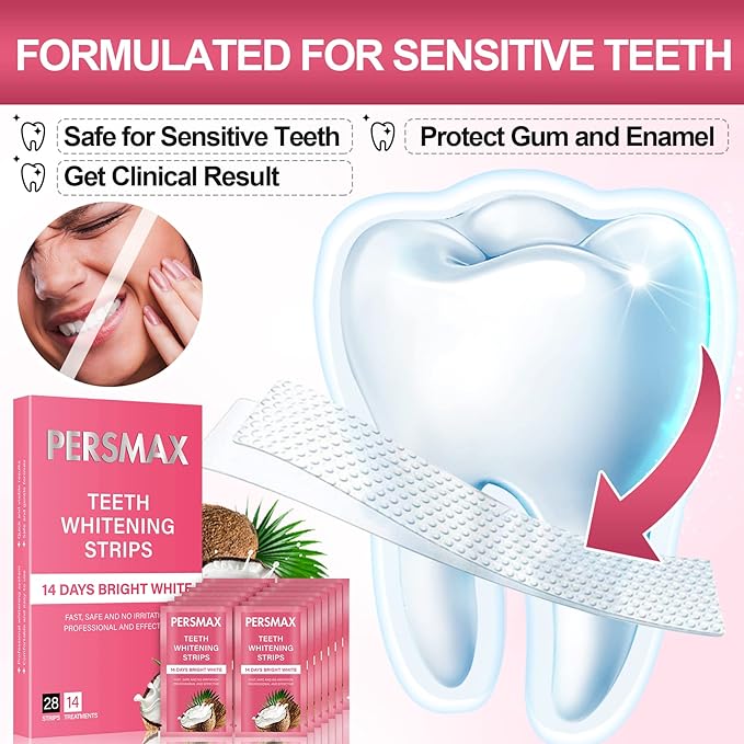Teeth Whitening Strips for Sensitive Teeth Enamel Safe Smile Whitening Kit, 28 Strips 14 Treatments, No-Slip Remove Coffee Wine Smoking Stains Professional