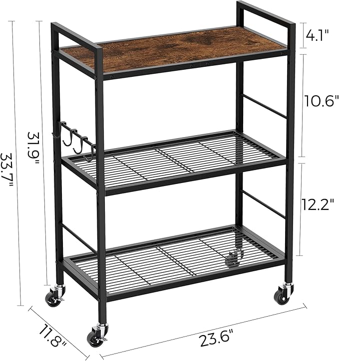 XIVIRACK 3-Tier Metal Storage Rack with Industrial Wheels,Mesh Shelving Unit with Wooden Table top,Adjustable Shelf,23.6-Inch Width,for Kitchen,Laundry,Pantry,Plant,Black