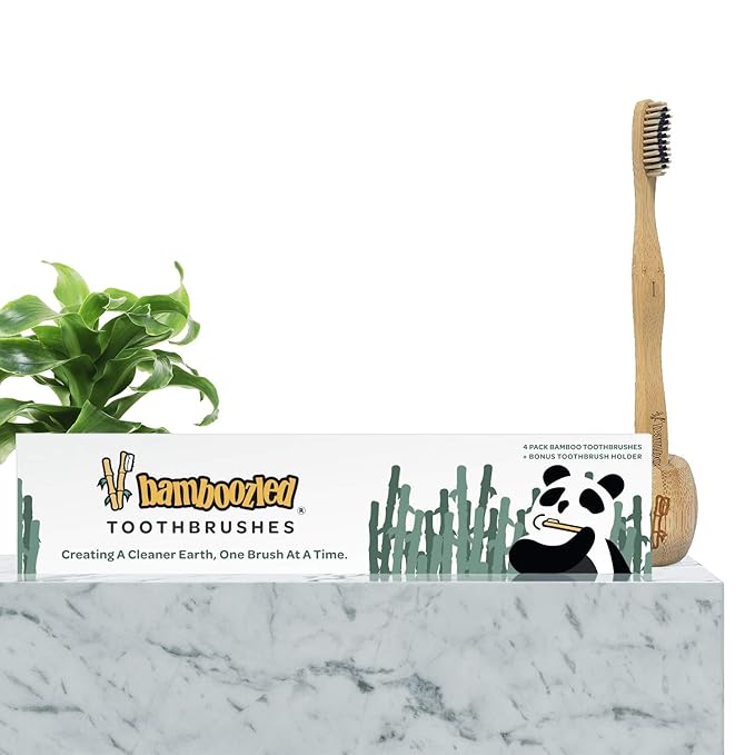 Bamboozled | Bamboo Toothbrush | BPA Free | Charcoal Infused Soft Bristles | Environmentally Friendly & Biodegradable | Set of 4 | with Bamboo Toothbrush Holder