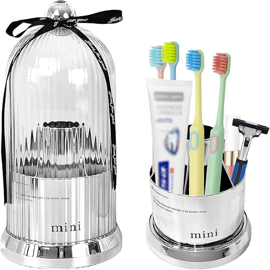Multi Functional Rotating Toothbrush Holders with Sliding Base, 7 Slot Bathroom Countertop Organizer Perfect for Tooth Brush, Toothpaste, and Makeup Brushes Storage (Silver)
