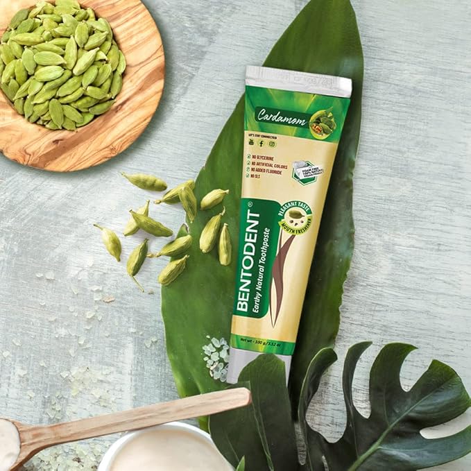 Bentodent Natural Toothpaste for Entire Family Incl Kids - SLS Free, Fluoride Free - Freshens Breath, Helps Reduce Plaque by Brushing (Cardamom Pack of 2)…