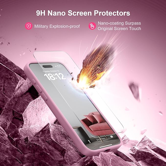 Magnetic for iPhone 15 Pro Case, Compatible with MagSafe, with 9H Nano Screen Protectors, Full Camera Protection, Silicone Shockproof Microfiber Lining Phone Case 6.1", Lilac Purple