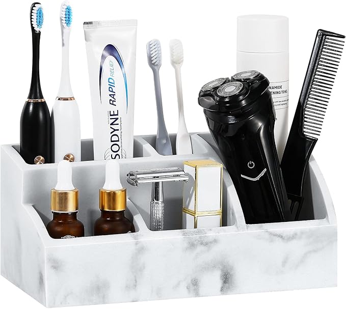 Luxspire Bathroom Counter Organizer, 5 Slot Toothbrush Holder, Marble Bathroom Accessories, Gravel White