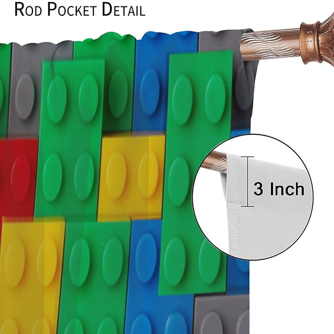 Kids Building Blocks Toy Curtains for Kids Room W42 x L45 Inch Rod Pocket Contour Plastic Colorful Toy Bricks Geometric Print Pattern Curtains for Boys Girls Bedroom 2 Panels