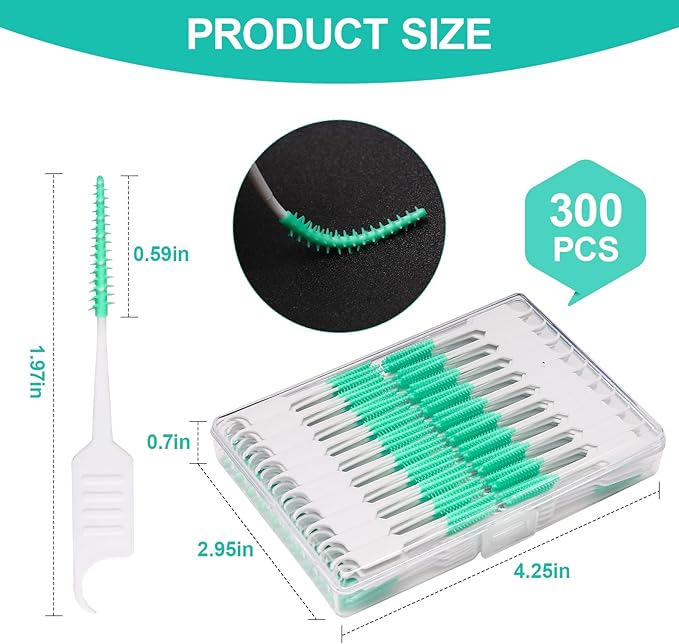 300PCS Dental Floss Picks,Dual-Use Interdental Brushes,Soft Silicone Brush Head Toothpicks, Tooth Picks Flossers for Teeth Braces Cleaning (Green)