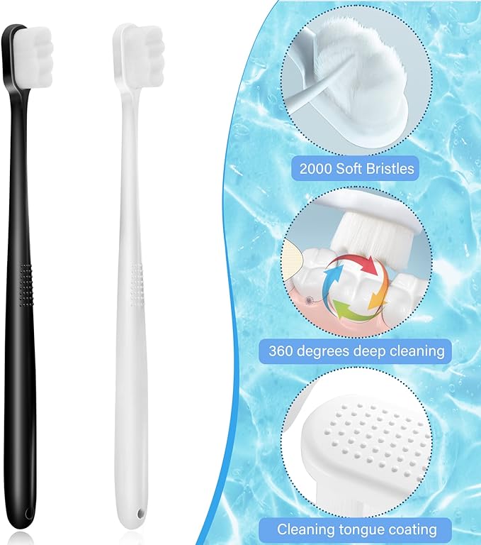 DI QIU REN 4Pcs Extra Soft Toothbrush, Ultra Soft-bristled Adult Toothbrush Micro-Nano 20000 Floss Bristle Good Cleaning Effect for Sensitive Teeth Oral Gum Recession (2 White & 2 Black)