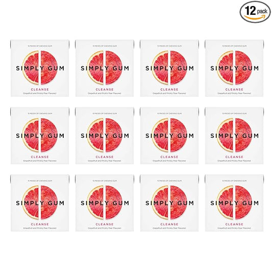 SIMPLY Gum Cleanse (Grapefruit and Prickly Pear), Plastic-Free Natural Chewing Gum, 12 Pack (180 Pieces) | Vegan, Kosher, Non GMO, Aspartame Free and Sorbitol Free