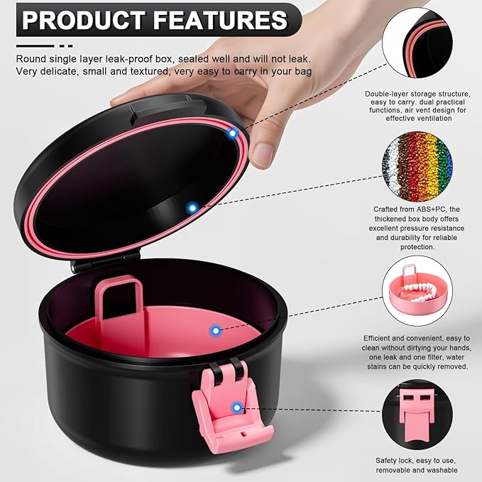 Leak Proof Denture Case, Travel Denture Bath Cup for Soaking Dentures & Retainer, Retainer Cleaner Case, Round False Teeth Container, Black+Pink.