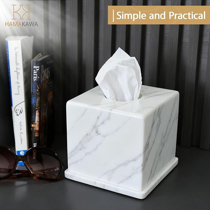 Natural Marble Tissue Box Cover, Volakas White Tissue Organizer 6 x 6 x 5.7 inch, Heavy Stone Decorative Box, Square Tissue Box Holder for Home Decor, Kitchen, Bathroom, Bedroom