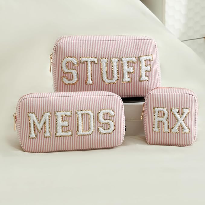 uekeboag Seersucker Chenille Letter Stuff Meds RX Makeup Bag, Travel Washable Purse Organizer with Zipper, Lightweight Toiletry Cute Personalized Preppy Cosmetic Bag For Women and Girls(04Pink Meds)