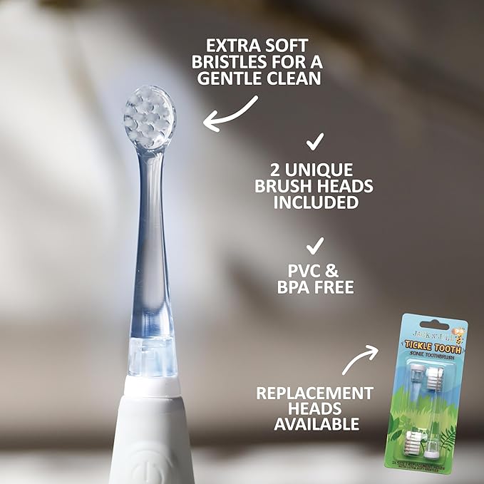 Jack N' Jill Tickle Tooth Toddler Electric Toothbrush with Replacement Head - Gentle Cleaning, Made for Tiny Teeth, LED Inspection Light, for Babies & Kids, Extra Soft Bristles - (1 Pack)