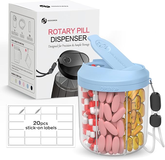 Pill Dispenser with 7 Large Compartments, 4.4" H x 3.6" Dia Pill Bottle Organizer for Travel, Supplement Organizer with Anti-Mixing Design, BPA-Free Pill Container with 20 Pcs Labels Blue