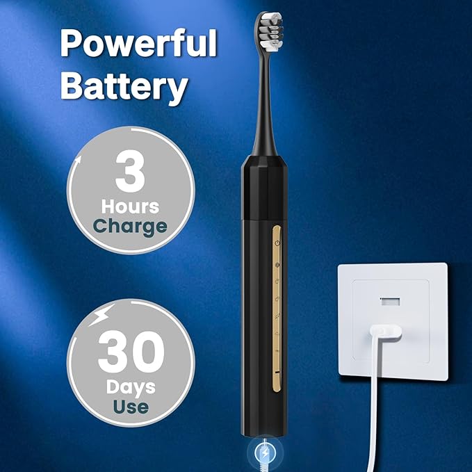 Lumivoid Sonic Electric Toothbrush with 10 Brush Heads for Adults and Children, Up to 30 Days on a Single Charge, 5 Modes, Built-in 2-Minute Smart Timer, IPX8 Waterproof Electric Toothbrush (Black)