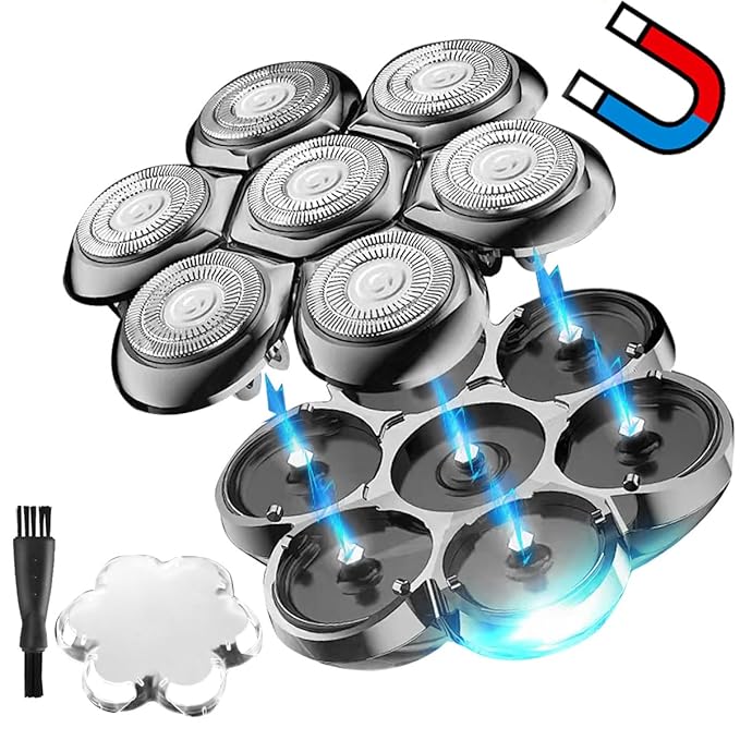 Universal Magnetic 7 Blades Head Shaver Replacement Heads Compatible with Freedom Eagle Shaver, Compatible with mainstream shaver brands， Universal replacement heads (7 Silver)