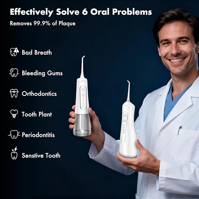 Dygoophy® K2 Rechargeable Oral Irrigator & Water Flosser | 300ml Large Tank, IPX7 Waterproof, 4 Cleaning Modes, 30-Day Battery Life, Low Noise for Braces, Gum Care & Teeth Whitening (White)