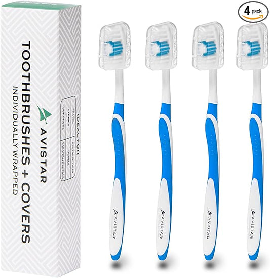 4 Pack Toothbrushes for Adults - Individually Wrapped Medium Bristle Toothbrushes with Covers - Blue - Convenient & Affordable Dental Care for Travel, Hotels, Airbnb, Missions & More