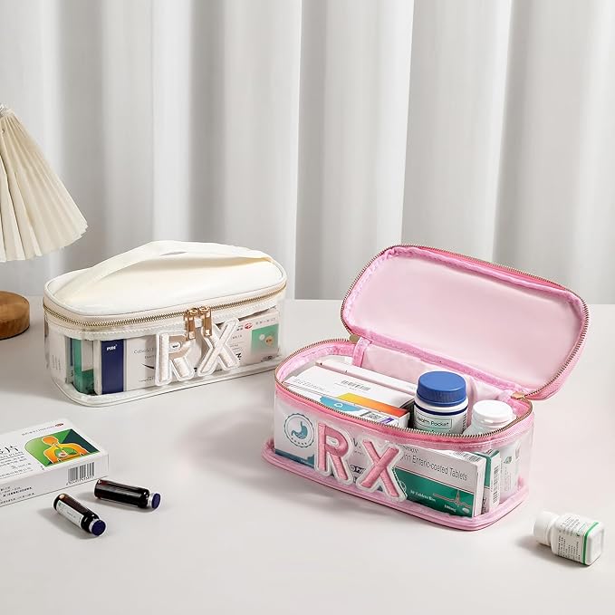 Clear PVC Letter Patch MEDS RX Makeup Bag with Metal Zipper,Large Capacity Nylon Transparent Medicine Bag with Top Handle,First Aid Travel Organizer Cosmetic Bag(03 Beige RX)